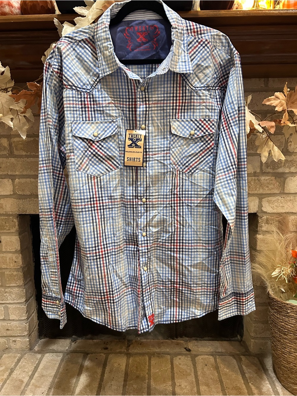 Twenty Men's Light Blue and Red Plaid Button-Down Shirt